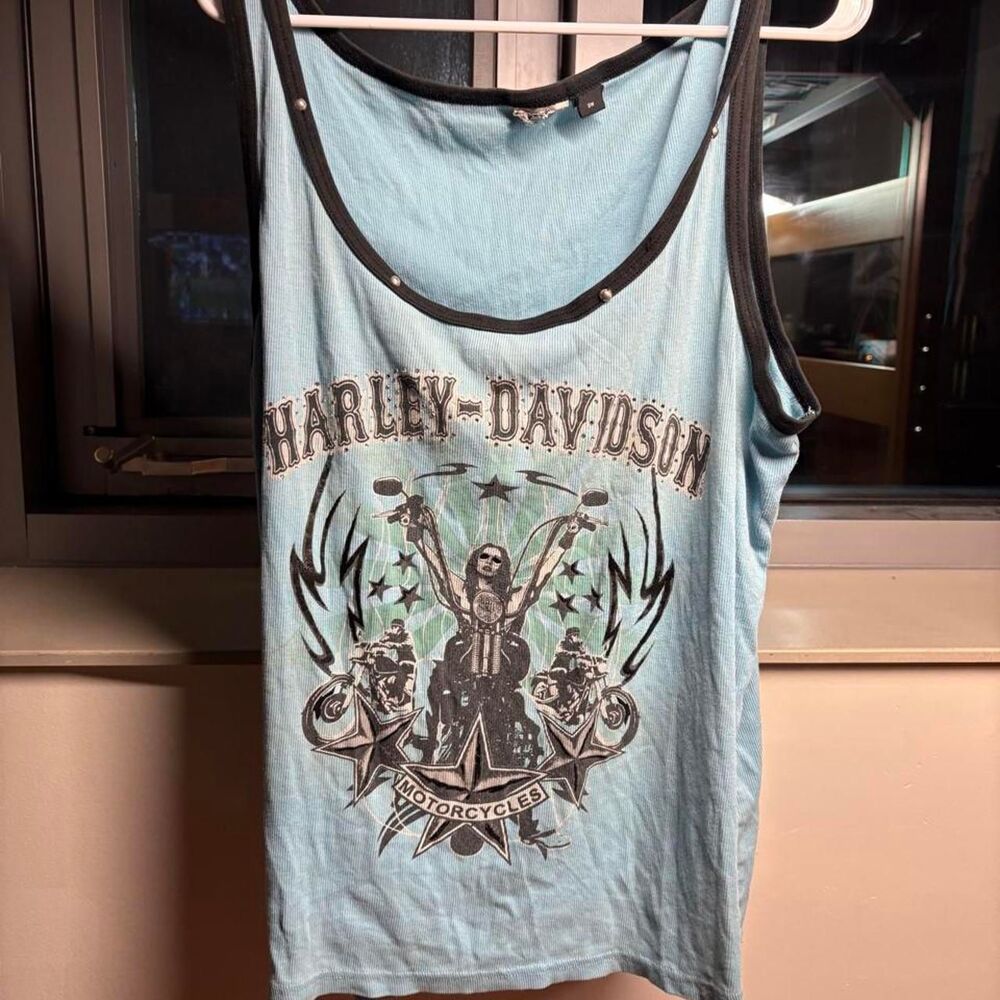 Super crazy tuff af women's Harley Davidson blue tank top